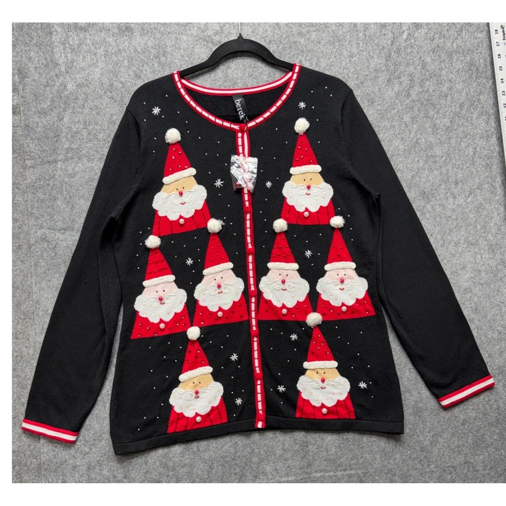 Berek Christmas Santa Claus Beaded Sequin Cardigan Sweater Black Red Womens L